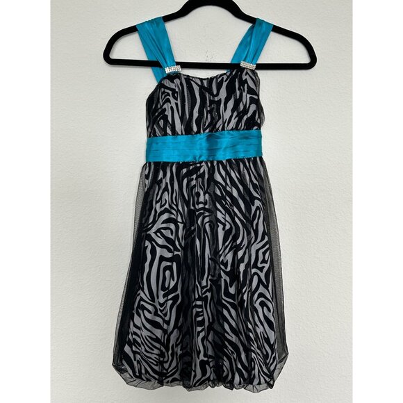 Girls Zebra Print Formal Dress With Blue Sash & Rhinestone Accents size 10 - Picture 1 of 7